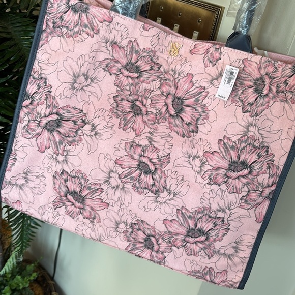 Brand New Victoria's Secret Pink Grey Floral Tote Bag Snap Close Shoulder Purse - Picture 7 of 15